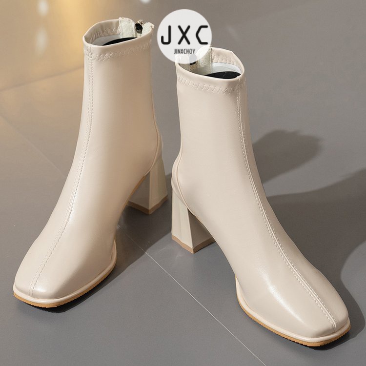 JINxCHOY Giày bốt cao gót JINXCHOY mũi vuông màu trơn có khóa kéo sau thời trang