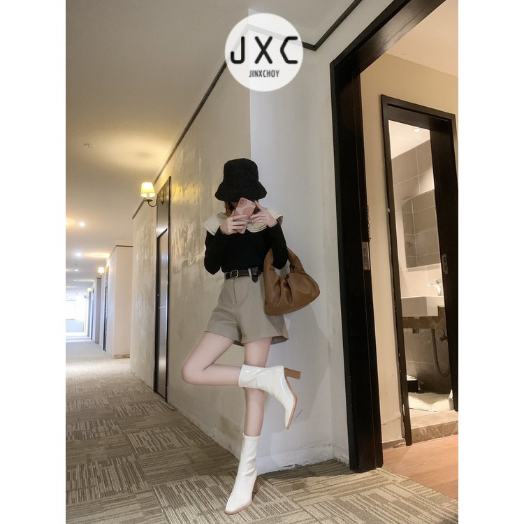 JINxCHOY Giày Bốt Cao Gót Ống Ngắn Mũi Nhọn Màu Trơn Đơn Giản Thời Trang Thu Đông Phong Cách Anh Quốc