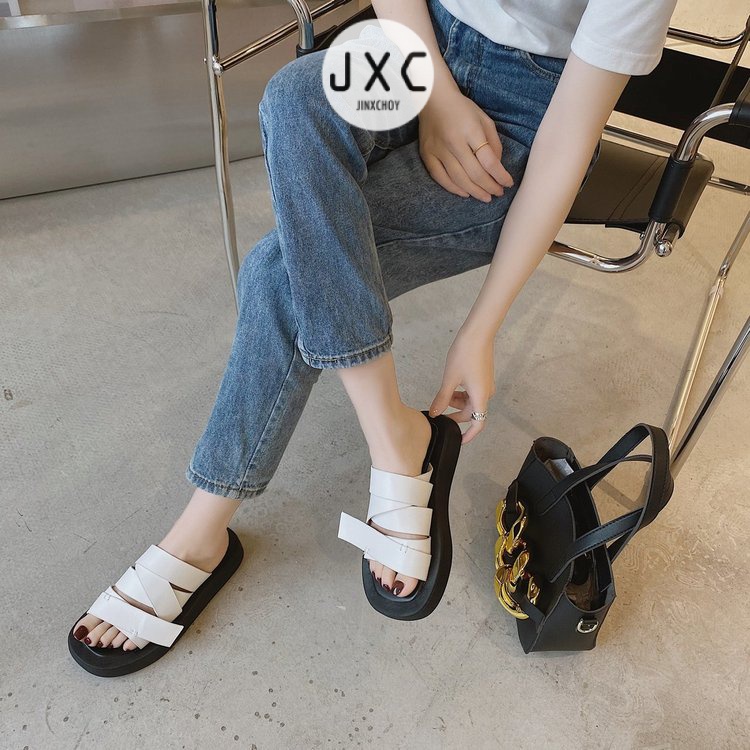 JINxCHOY Dép sandal đế dày mũi vuông thiết kế quai chéo thời trang cá tính cho nữ JINXCHOY