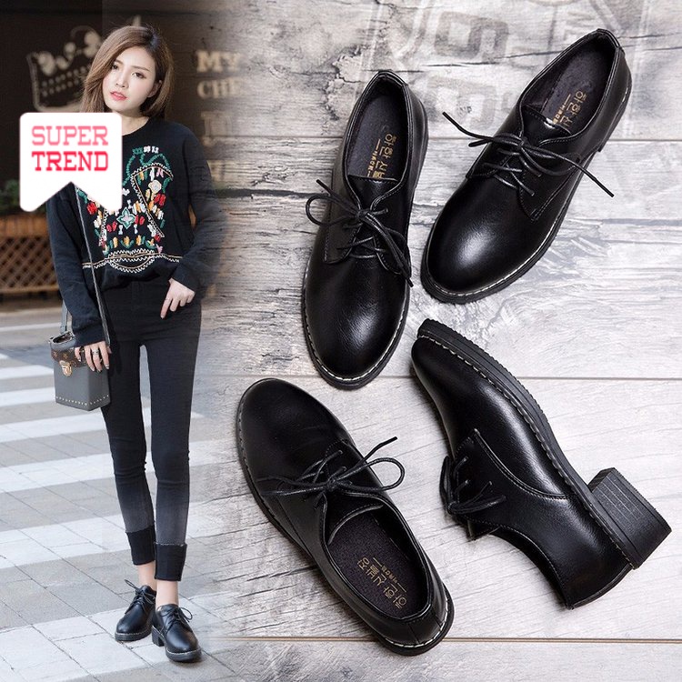 Giày da mũi tròn đế vừa phối dây buộc thời trang phong cách Hàn Quốc dành cho nữ
