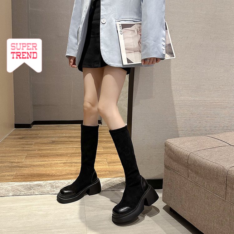 Bốt Cao Gót Cổ Cao Mũi Tròn Thời Trang