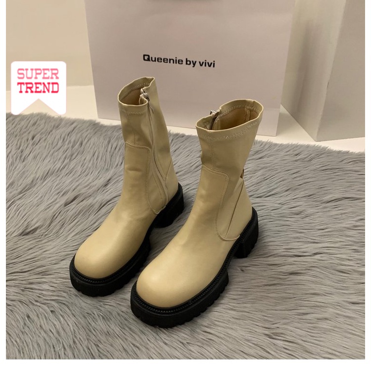 Giày Bốt Martin Mũi Tròn Màu Trơn Phối Khóa Kéo Bên Hông Thời Trang Cá Tính