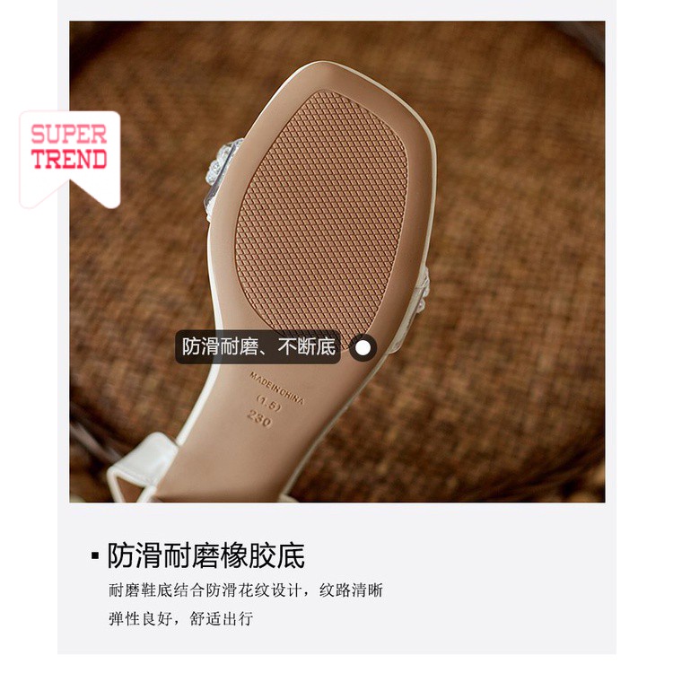 Sandal Gót Cao Mũi Vuông Quai Trong Suốt Phối Ngọc Trai Thời Trang