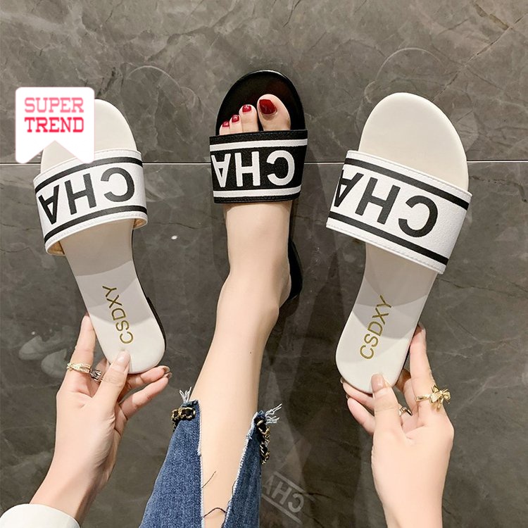 Dép Đế Bằng Hở Ngón Mũi Tròn In Chữ Thiết Kế Thoải Mái Thời Trang