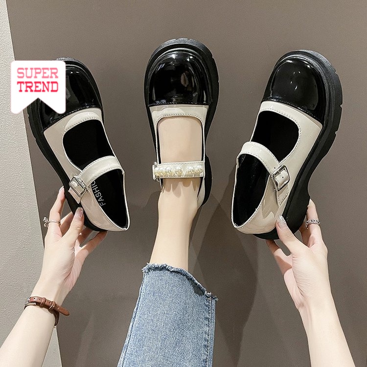 Giày gót dày phối ngọc trai thời trang cho nữ