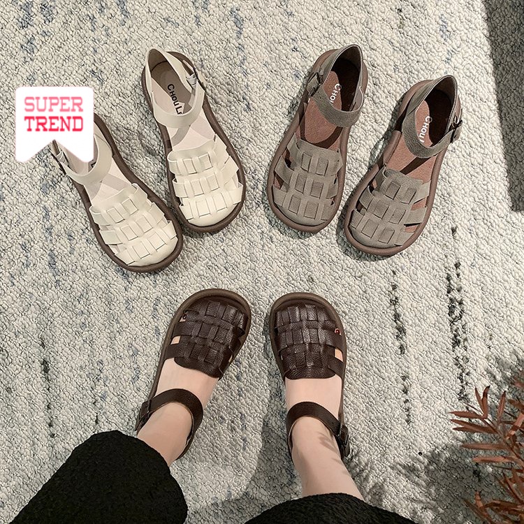 Sandal Da PU Đế Bằng Thời Trang Mùa Hè 2023 Phong Cách Roman
