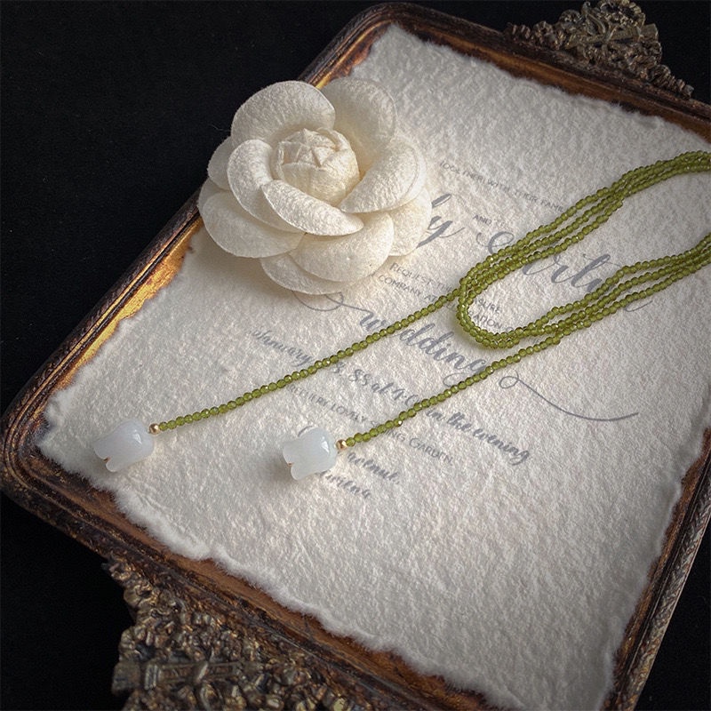 [F &amp; X] Dây Chuyền Hạt Pha Lê Xanh Lá Tự Nhiên La Habana Cô Gái Hoa Mộc Lan Trắng Lily of the Valley Mặc Thiết Kế Độc Đáo