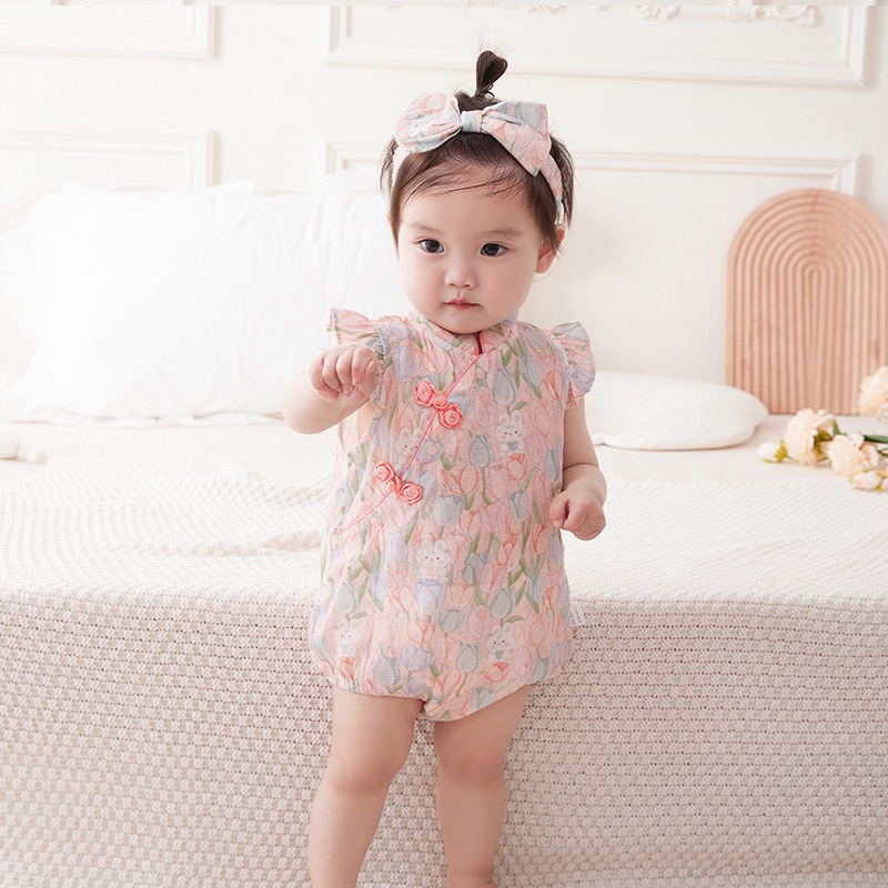 Áo Liền Quần Bằng Cotton Mềm Mại Không Tay Thêu Ren Hoa Dành Cho Bé Gái 0-3 Y 2746