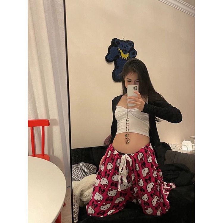 Quần Dài Lưng Thun Ống Rộng In Họa Tiết Hoạt Hình Hello Kitty Thời Trang Mùa Hè Cho Nữ