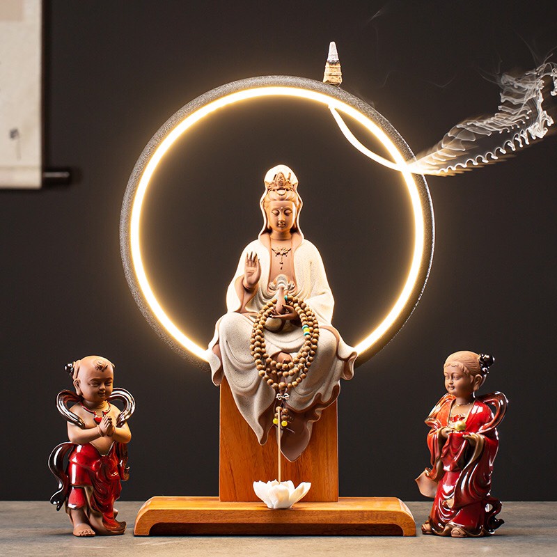 Tượng phật Quan Âm Và tiên đồng ngọc nữ kết hợp kệ đèn led thế hệ mới - Kệ đèn hào quang tượng phật xông trầm thác khói