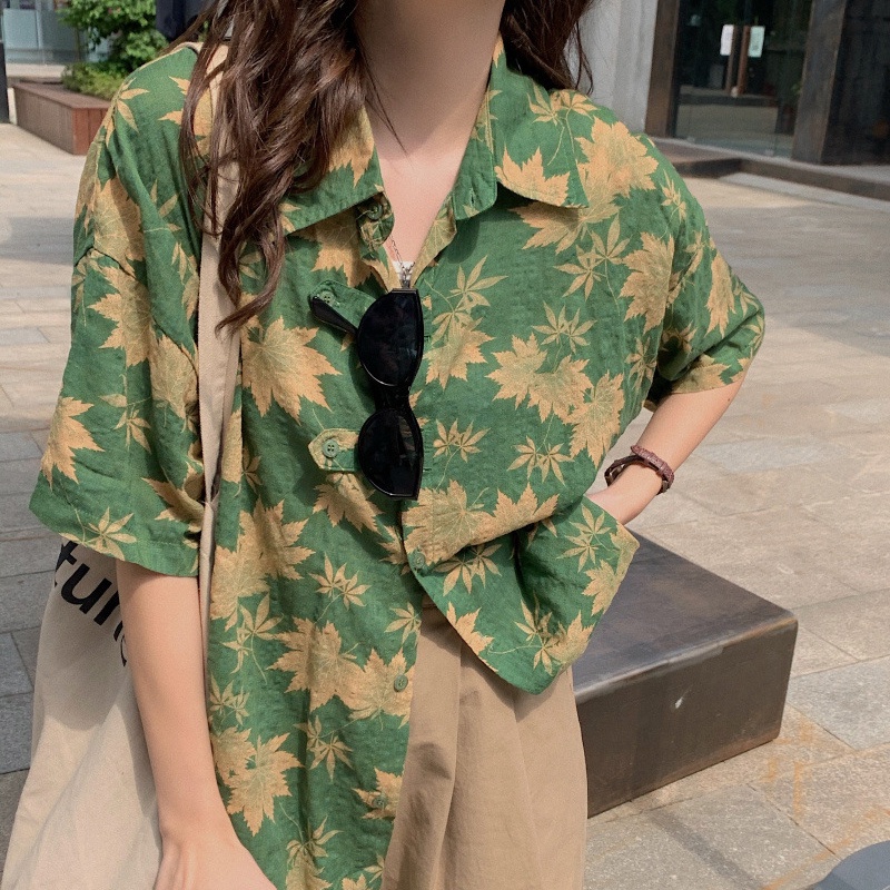IELGY Áo Sơ Mi Ngắn Tay Dáng Rộng Họa Tiết Hoa Phong Cách hong kong Cổ Điển Thời Trang Cho Nữ