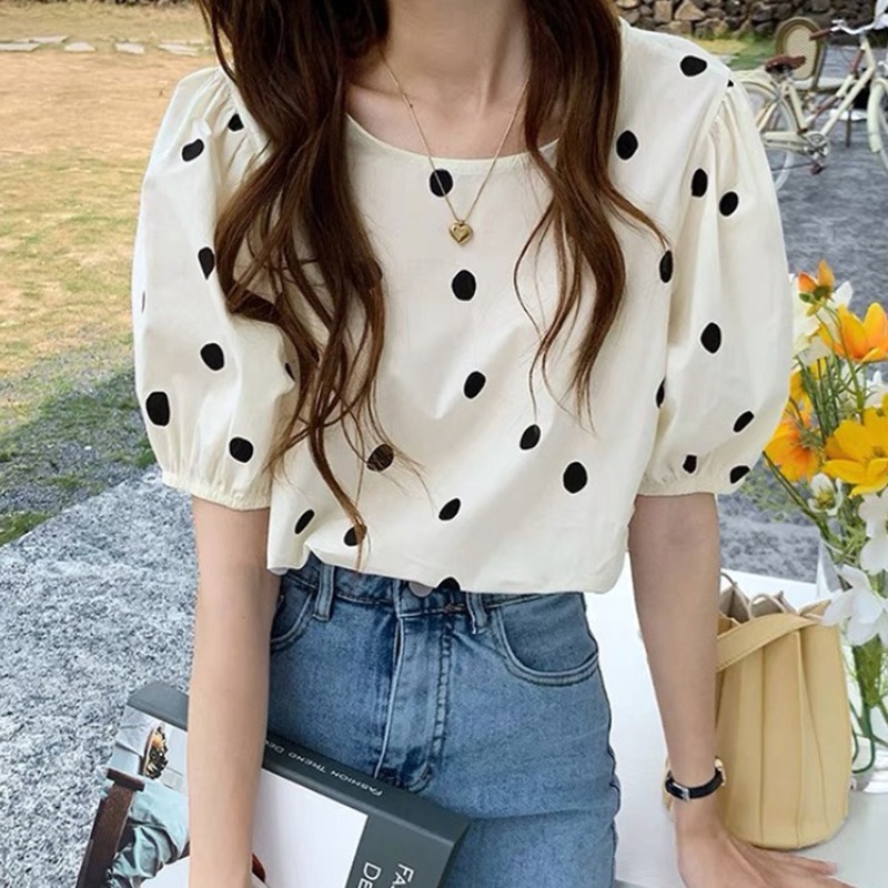 IELGY Áo Sơ Mi Tay Ngắn Cổ Tròn Họa Tiết Chấm Bi Phong Cách Hàn Quốc Dành Cho Nữ