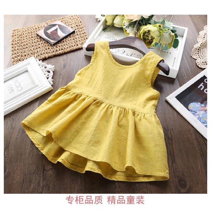 Đầm Sát Nách Vải Lanh Cotton Phong Cách Hàn Quốc Dễ Thương Cho Bé Gái