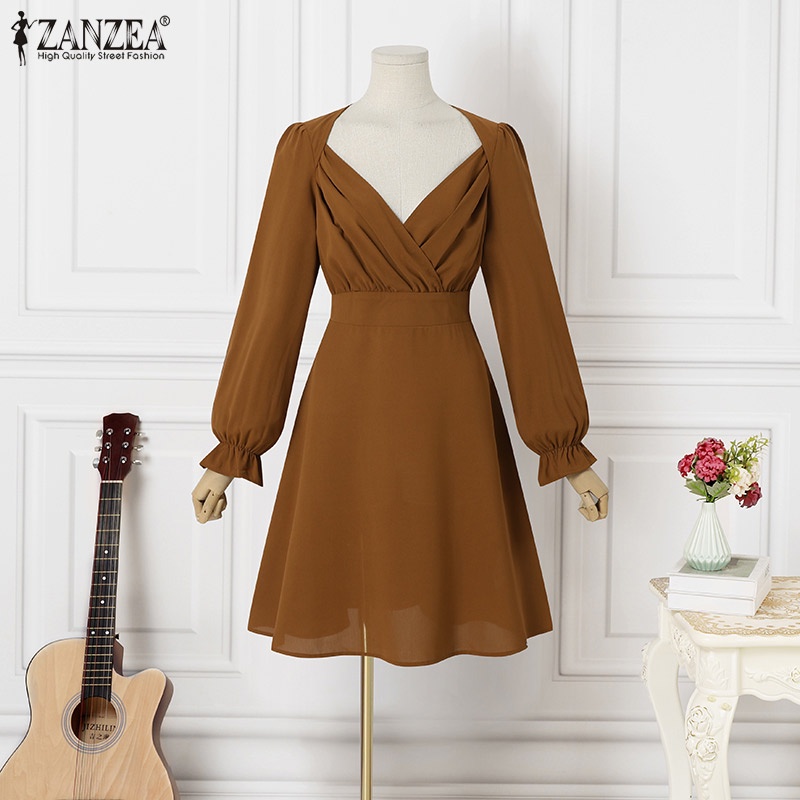 Đầm ZANZEA tay phồng dài cổ chữ V xếp ly thanh lịch cho nữ