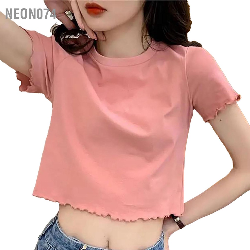 Neon074 Phụ Nữ Áo Sơ Mi Thêu Bướm Cổ ​​Tròn Tay Ngắn Crop Top Mỏng Ngọt Ngào Mùa Hè Thun