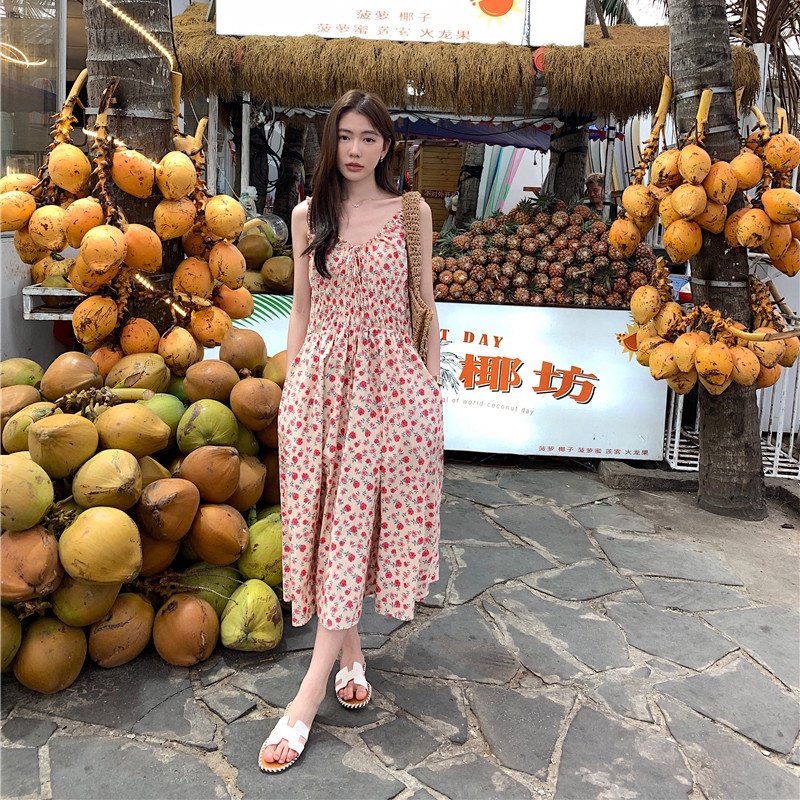 Đầm Hoa Hai Dây Cổ Chữ V Dáng Ôm Thời Trang Cho Nữ