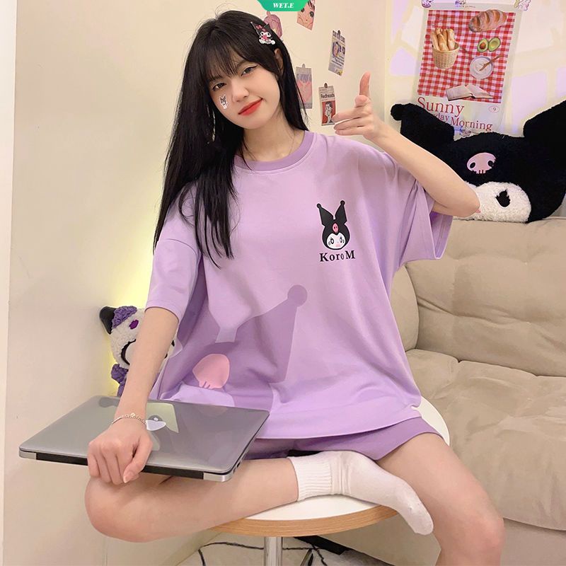 Bộ Đồ Ngủ 2 Món Gồm Áo Tay Cộc Và Quần Ngắn Dáng Rộng In Hình Sanrio Kuromi Hoạt Hình Nhật Bản Thời Trang Mùa Hè 2023 Cho