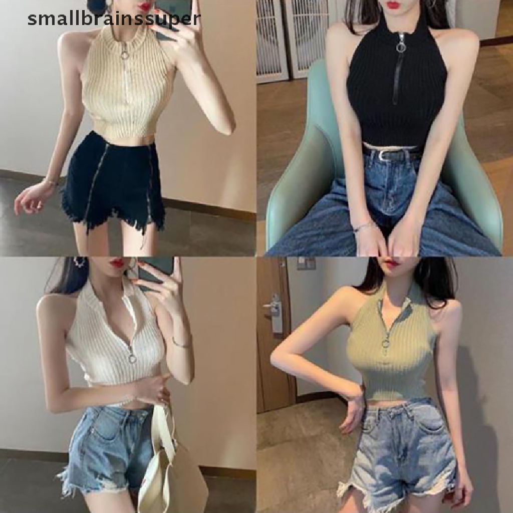 Áo Hai Dây Dệt Kim Màu Trơn Có Khóa Kéo Gợi Cảm Cho Nữ SBS