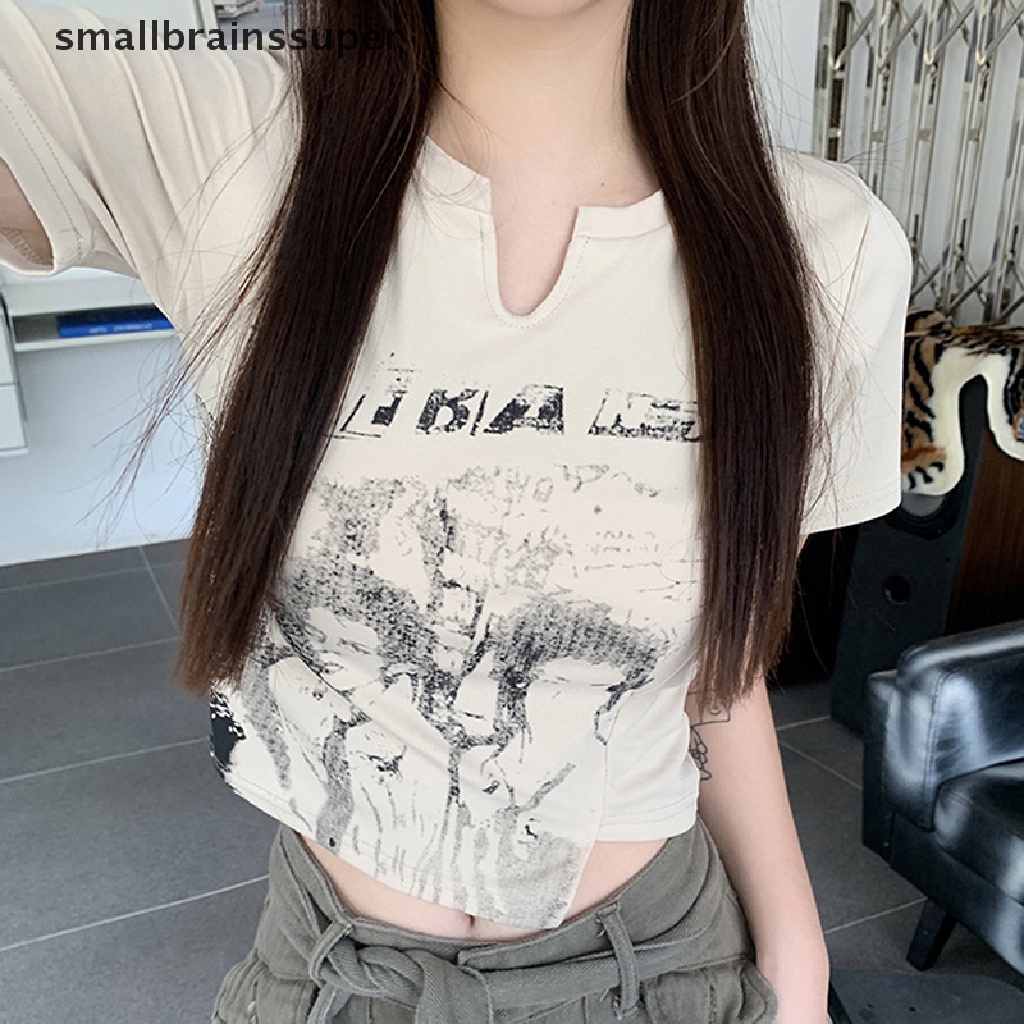 Áo Thun Croptop Tay Ngắn Cổ Chữ V In Họa Tiết Phong Cách Retro Mỹ Thời Trang Mùa Hè Cho Nữ