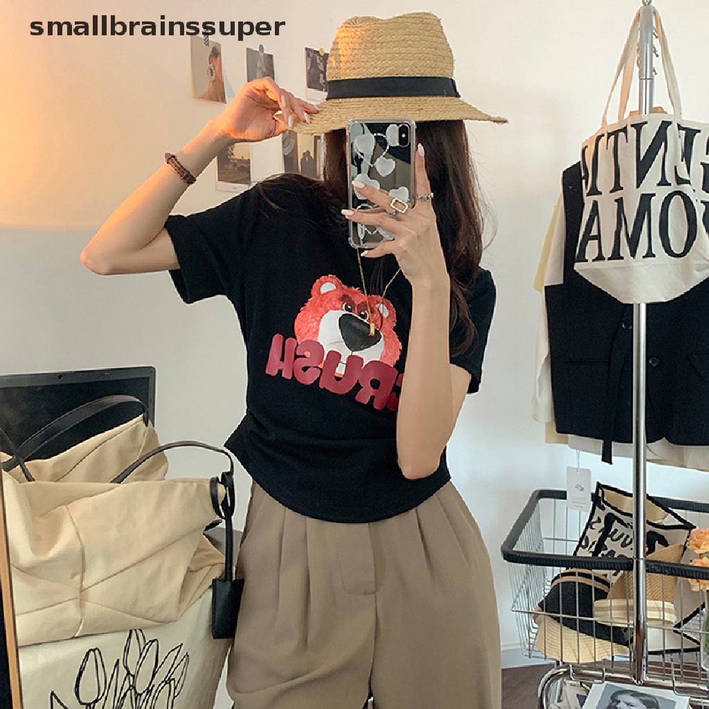 Áo Thun Tay Ngắn Cổ Tròn In Hình Gấu Phối Dây Rút Thời Trang Mùa Hè Cho Nữ