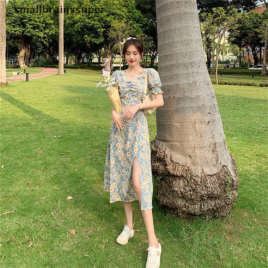 Smallbrainssuper Đầm Ngắn Tay Phồng Cổ Chữ V Xẻ Tà In Hoa Thời Trang Mùa Hè Pháp Cho Nữ SBS