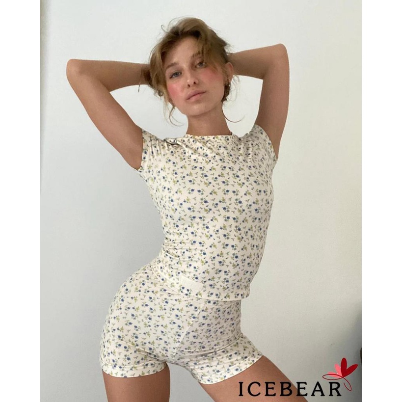 Set Áo Lửng Ngắn Tay + Quần Dài Họa Tiết Hoa Thời Trang Nữ