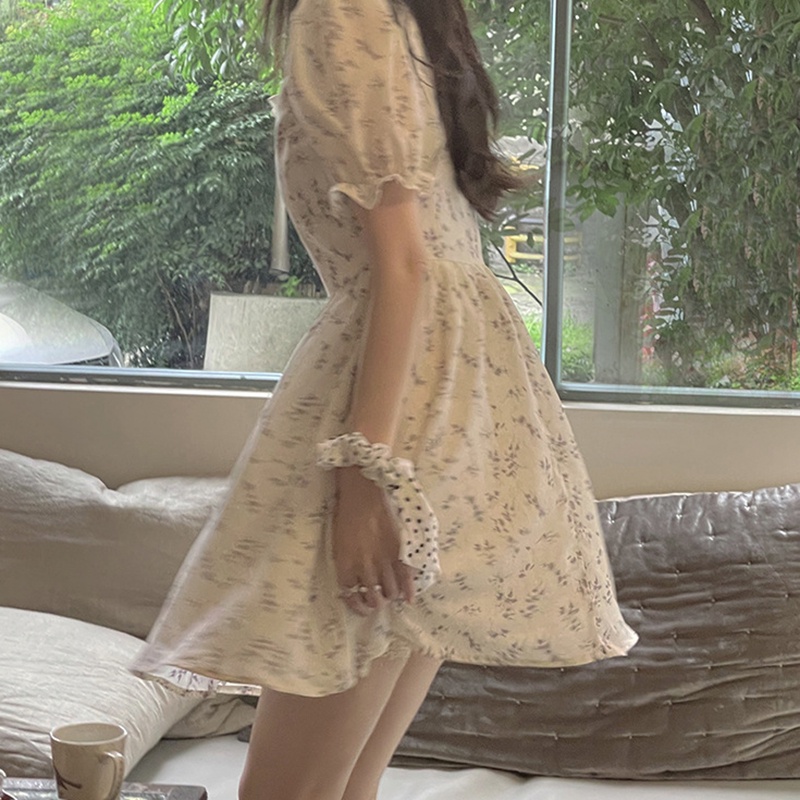 IELGY    Đầm Nữ Họa Tiết Hoa Xẻ Tà Nhẹ Nhàng Phong Cách Tình Yêu Đầu Tiên