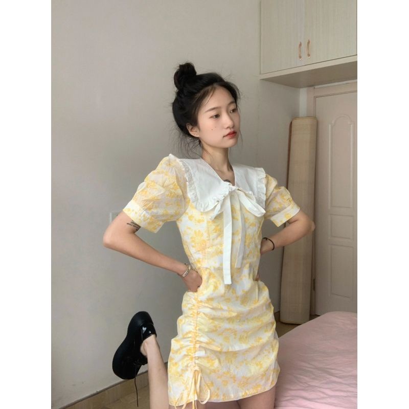 Đầm Ngắn Dáng Ôm Cổ Peter Pan Phối Dây Rút In Họa Tiết Hoa Thời Trang Mùa Hè 2023 Cho