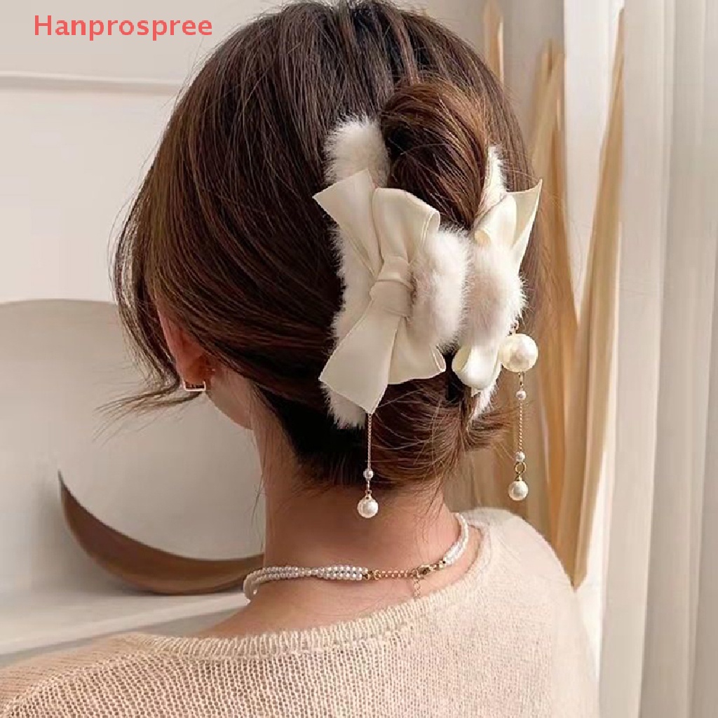 Kẹp Tóc Dạng Móng Vuốt Đính Nơ Phối Lông Tua Rua Ngọc Trai Sang Trọng Cho Nữ