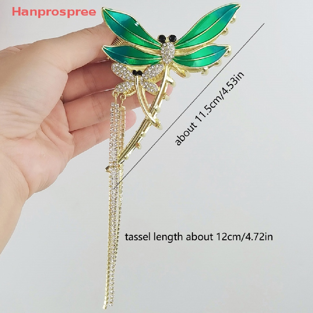 Hanprospree &gt; Kẹp Tóc Móng Vuốt Đính Đá Tua Rua Hình Chuồn Chuồn Xanh Lá Thanh Lịch Cho Nữ