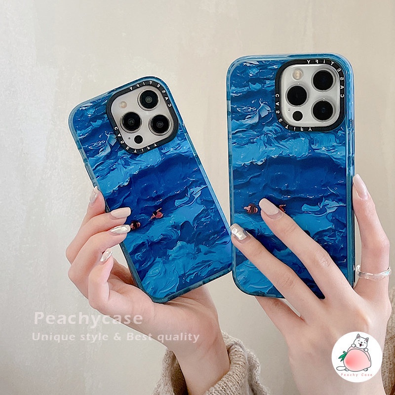 Ốp Điện Thoại Nhựa PC Cứng Hình Tranh Sơn Dầu Cạnh Sóng Biển Màu Xanh iPhone 14 13 12 Pro Max 14Plus 11 13promax 14pro