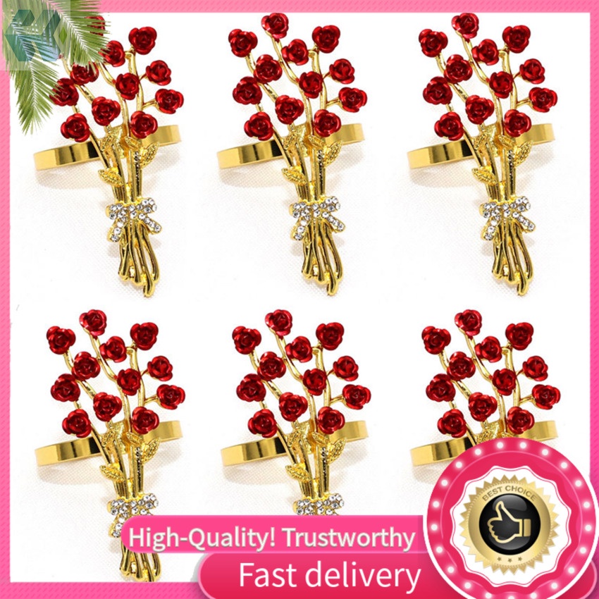 Bộ 6 Vòng Nhẫn Cột Khăn Ăn Bằng Hợp Kim Họa Tiết Hoa Hồng Cho Ngày Valentine