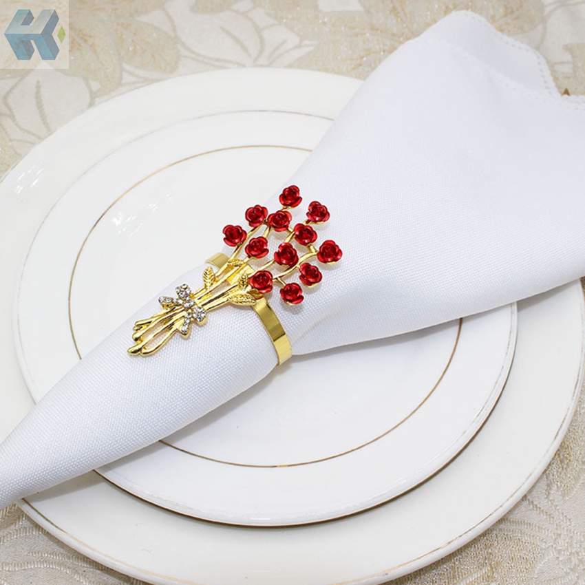 Bộ 6 Vòng Nhẫn Cột Khăn Ăn Bằng Hợp Kim Họa Tiết Hoa Hồng Cho Ngày Valentine