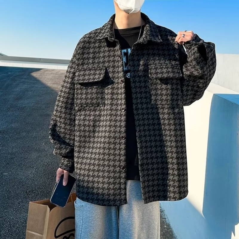 Áo Khoác Sơ Mi Nam Dài Tay Dáng Rộng Họa Tiết Caro Phong Cách Retro