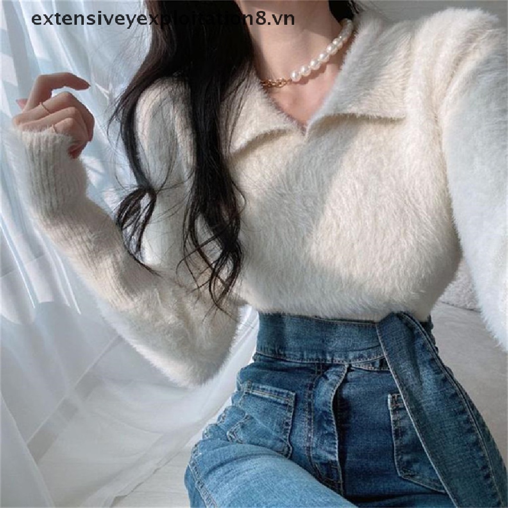 [Mở Rộng] Áo Sweater Màu Trơn Cổ Bẻ Dài Tay Thời Trang Hàn Quốc Ngọt Ngào Cho Nữ [vn]