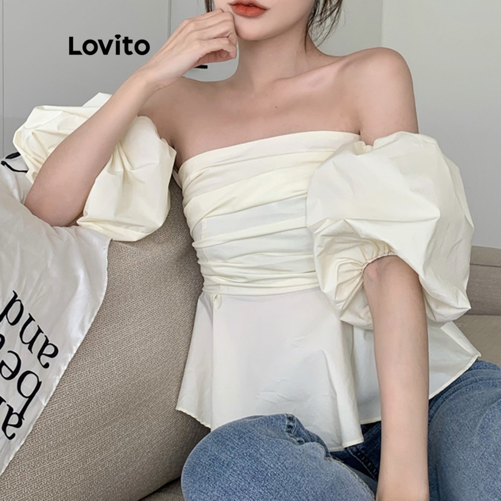 Áo tay Lovito ngắn trễ vai phối xếp nếp màu trơn thường ngày cho nữ LNE04011 (màu mơ)