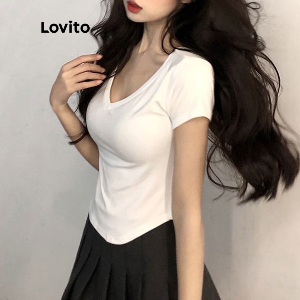 Áo thun Lovito cổ chữ V khoét sâu viền không đều tay ngắn cơ bản thường ngày cho nữ LNA04025 (màu trắng)