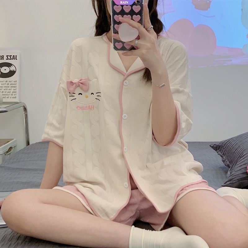 Bộ Đồ Ngủ Ngắn Tay Hai Mảnh Thêu Họa Tiết Hoạt Hình Hello Kitty Cho Nữ