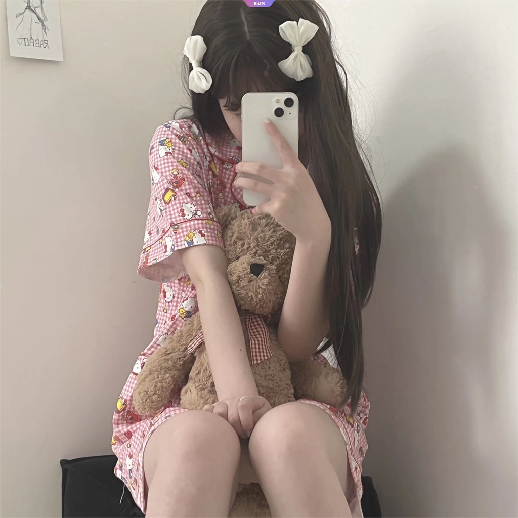 SANRIO Bộ Đồ Ngủ Ngắn Tay Hai Mảnh Họa Tiết Hello Kitty Phong Cách Nhật Bản Đáng Yêu Dành Cho Nữ