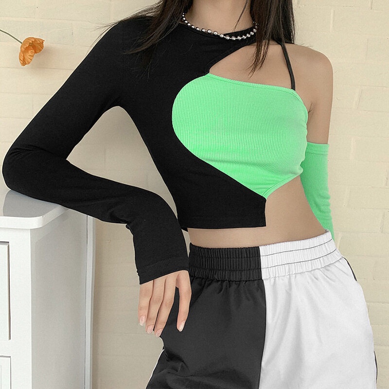 Áo Croptop Tay Dài Lệch Vai Dáng Ôm Phong Cách Mỹ Thời Trang Cho Nữ
