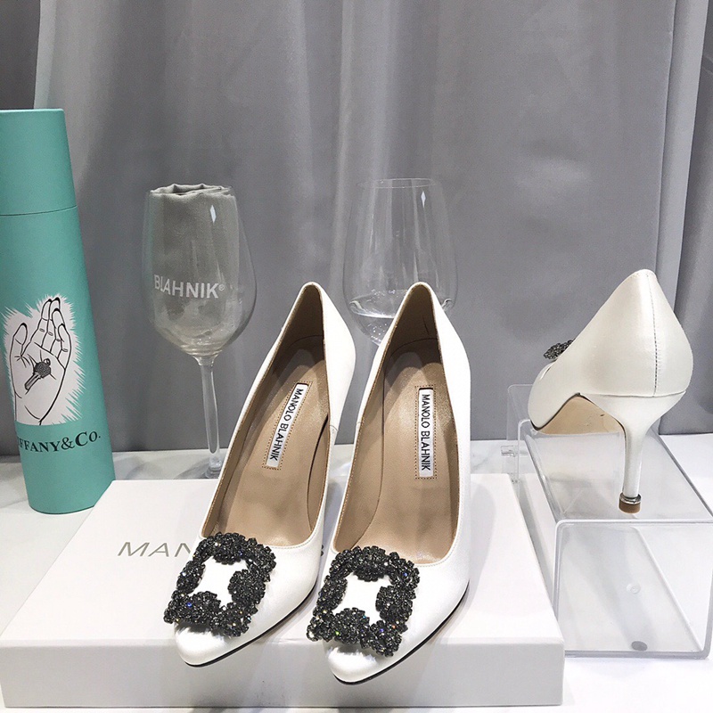 Hàng Có Sẵn! Giày Cao Gót manolo blahnik Màu Trắng Bằng Vải Vệ Sinh‮Thảm Lông Cừu Cấp Độ Cao Cấp‬Giày Cao Gót Da Đính Đá Thời Trang Quyến Rũ Dành Cho Nữ