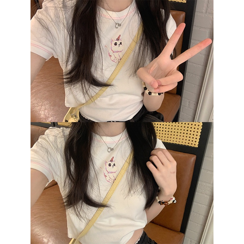 Áo Thun Tay Ngắn Trễ Vai In Họa Tiết Mèo Thời Trang Mùa Hè Xinh Xắn Cho Nữ