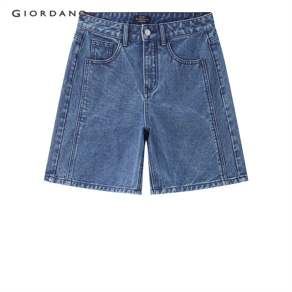 Quần short GIORDANO 05403327 denim cạp cao lộ đường may phối 5 túi thời trang dành cho nữ
