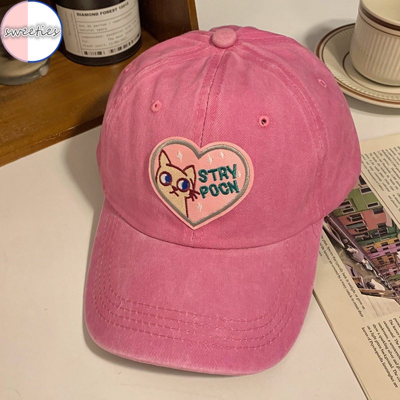 Mũ Lưỡi Trai Mềm Thêu Chữ / Mèo / Vịt Màu Hồng Kiểu Hàn Quốc Dễ Thương