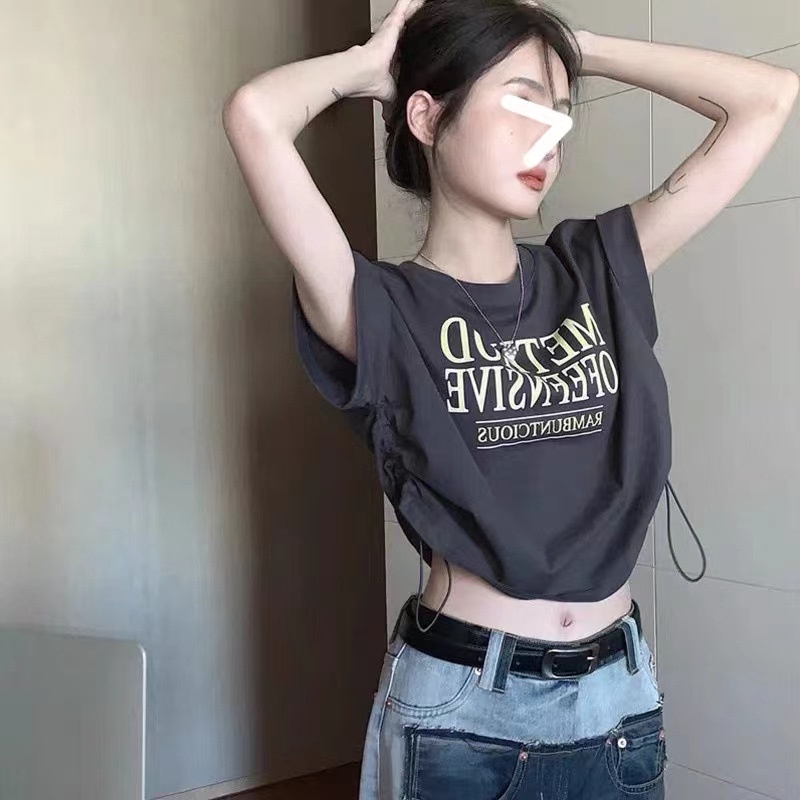 Áo Thun Tay Ngắn Thiết Kế Dây Rút In Họa Tiết Thời Trang Xuân Hè 2023 Phong Cách Mới Cho Nữ