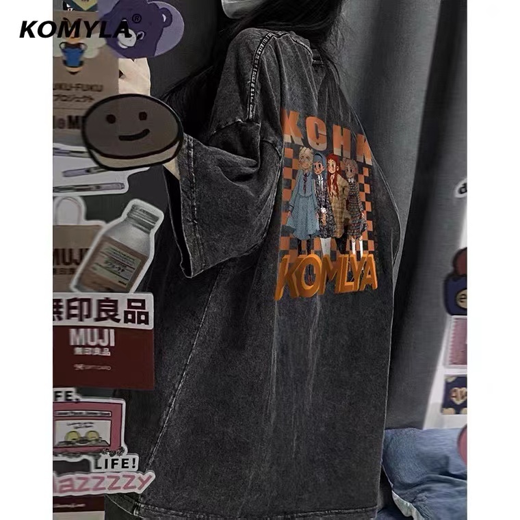 Áo Thun 100% cotton Màu Đen Dáng Rộng In Họa Tiết Xinh Xắn Thời Trang Mùa Hè Cho Nữ 4986