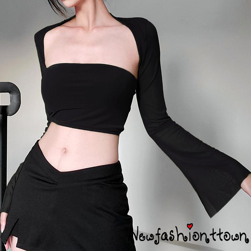 Áo Lửng Hở Vai + Áo Khoác Cardigan Dài Tay Thời Trang Nữ