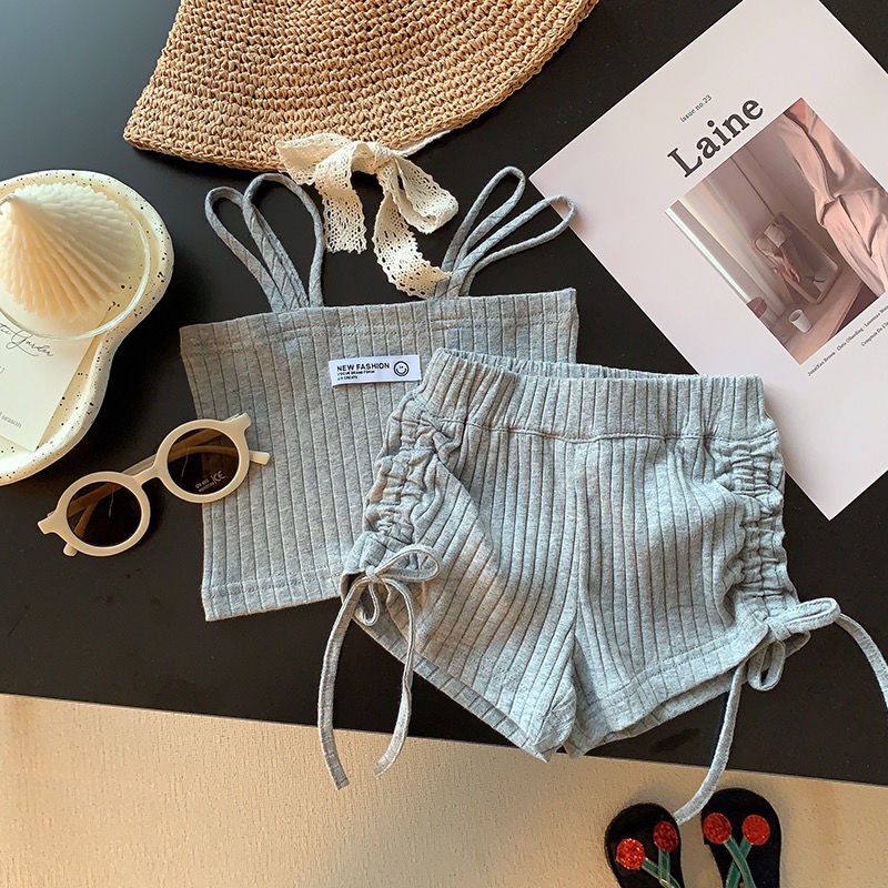 Bộ Áo Hai Dây + Quần Short Dây Rút Phong Cách Hàn Quốc Dễ Thương Thời Trang Mùa Hè Cho Bé Gái