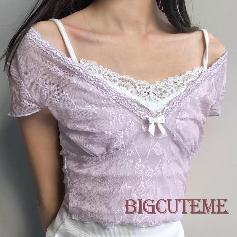 [] Áo Crop Top Nữ Tay Ngắn Phối Ren Áo Thun Kiểu Dáng Kawaii Đáng Yêu