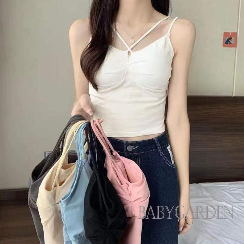 Babygarden Áo Hai Dây Mỏng Mùa Hè Ôm Sát Màu Trơn Dây Chéo Có Đệm Ngực Màu Trắng / Đen / Hồng / Xanh Dương Cho Nữ